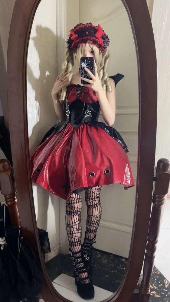 Red and Black Corset Waist Little Witch Patent Leather Jumper Skirt