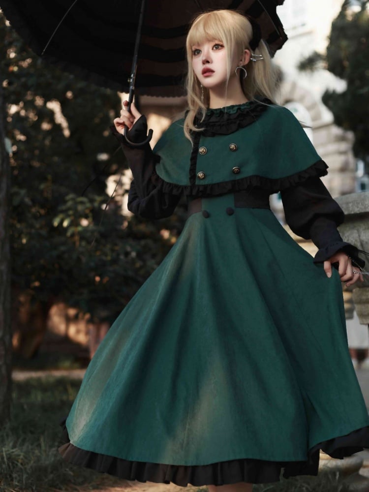 Dark Academia Fashion Slytherin Green and Black Leg-of-Mutton Sleeves One Piece