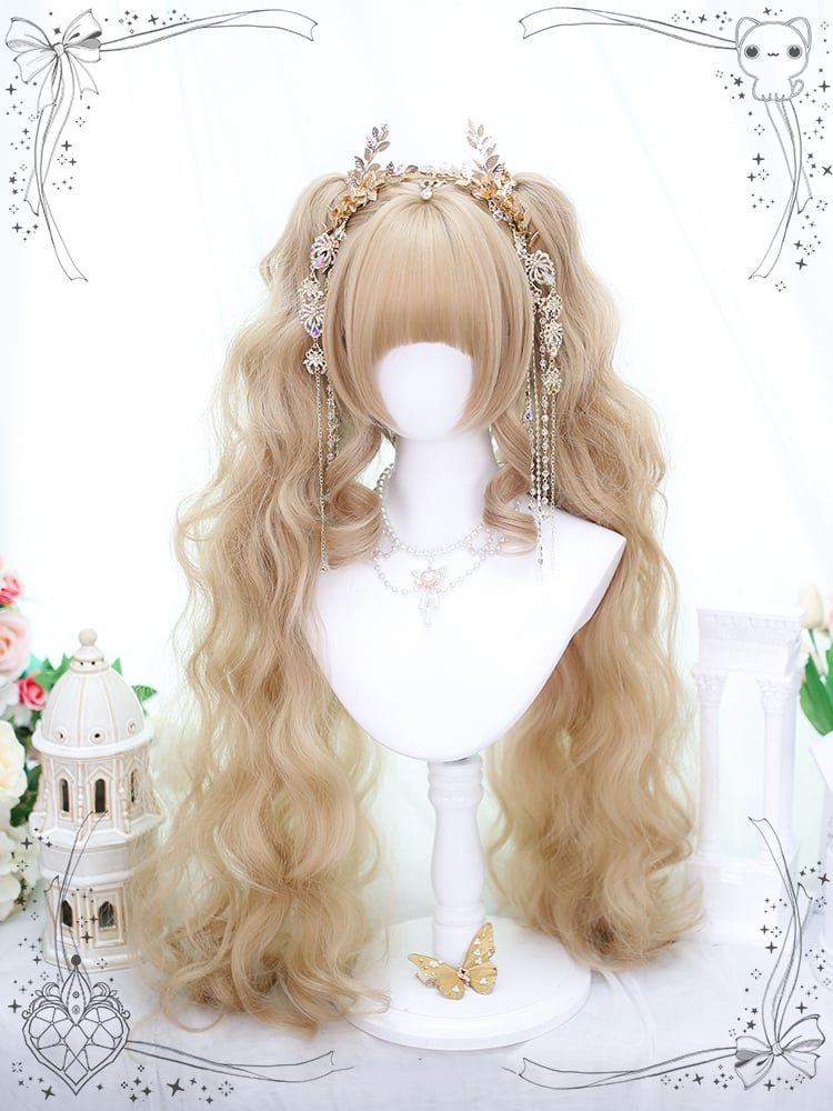 Gold Short Straight Wig with Long Wavy Double Ponytails