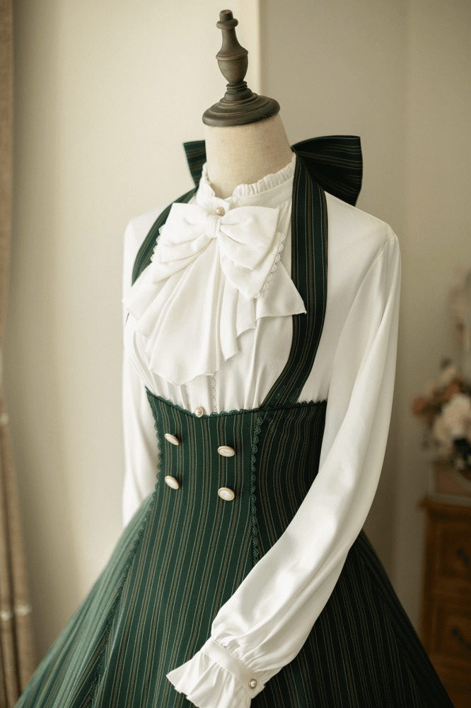 Historical Vibes Dark Green Stripped Pattern Halter Neck Underbust Dress