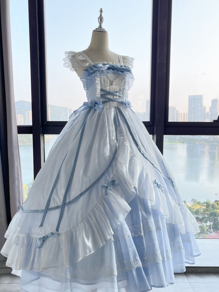 White and Blue Elegant Princess Dress Flutter Sleeves Gorgeous Jumper Skirt