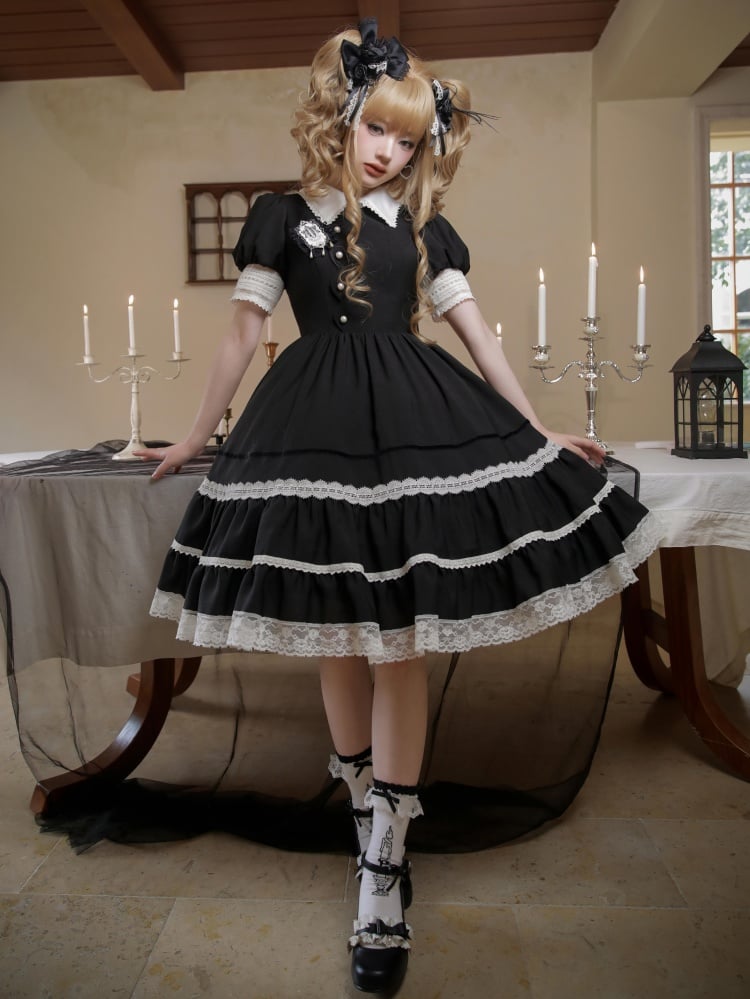 Black and White Short Puff Sleeves One Piece - Sukuroi