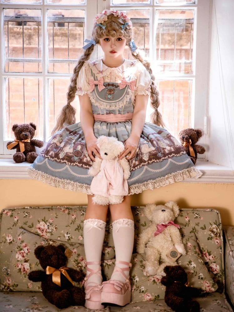 Bear Embroidery Neckline Blue Sweet Teddy Print Overalls