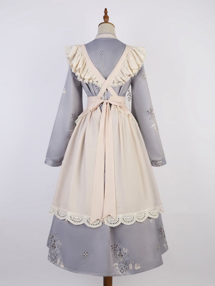 Beige Ruffle Trim Overdress with Purple Ribbon Bowknots