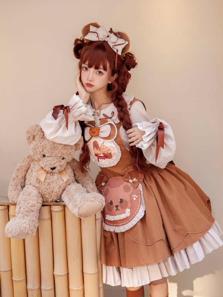 Brown Bear Print Apron Jumper Skirt + Blouse Set with Free KC