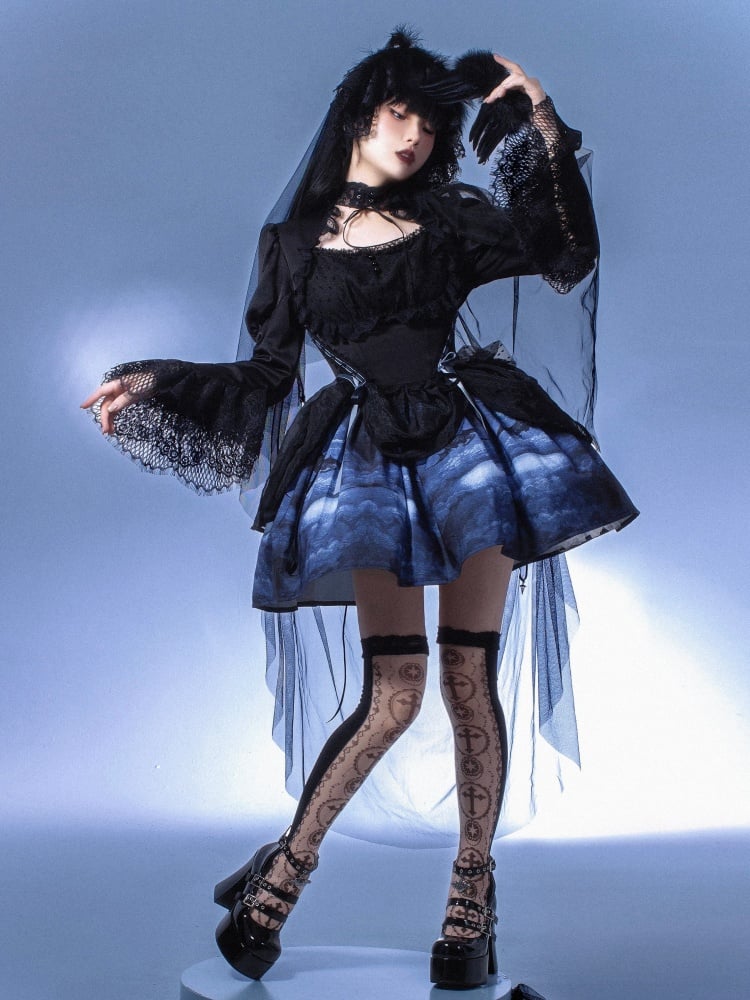 Gothic Bolero Design Bodice Bell Cuffs One Piece Black and Blue