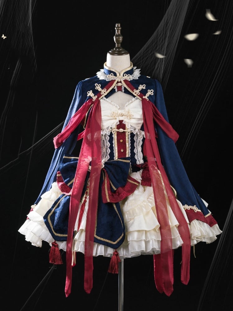 Dark Blue and Red Drawstring Tiered Ruffles Jumper Skirt Set