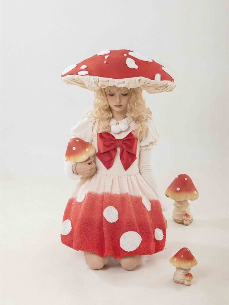 Red Mushroom Bubble Jumper Skirt White Spot Applique