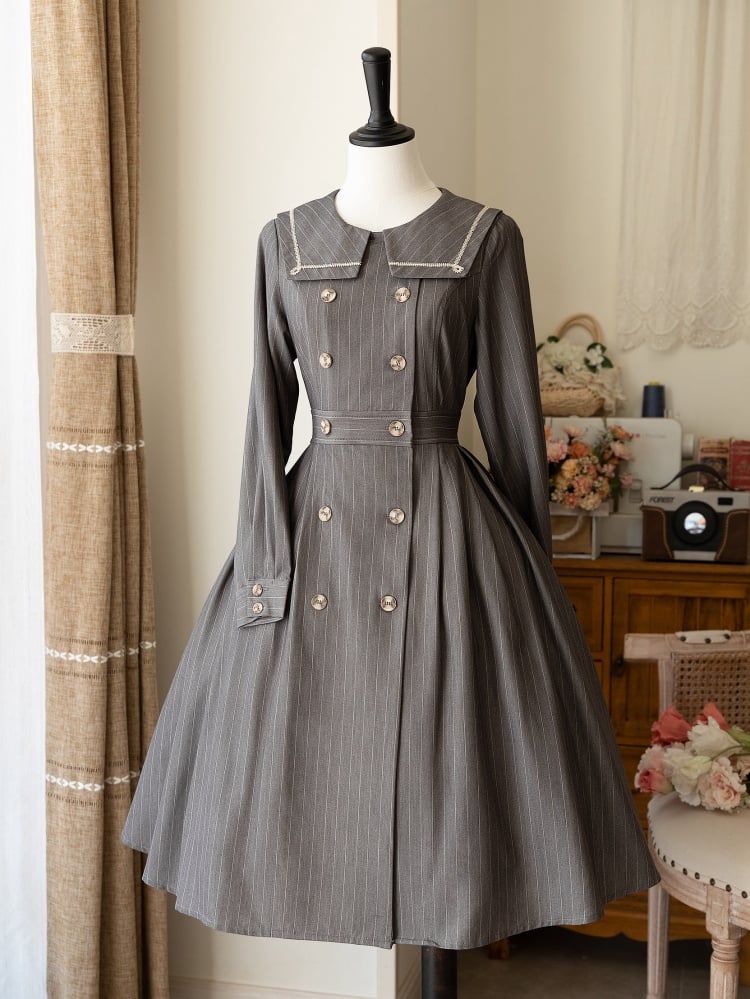 Gray Autumn Vintage Stripes Front Button Placket Dress