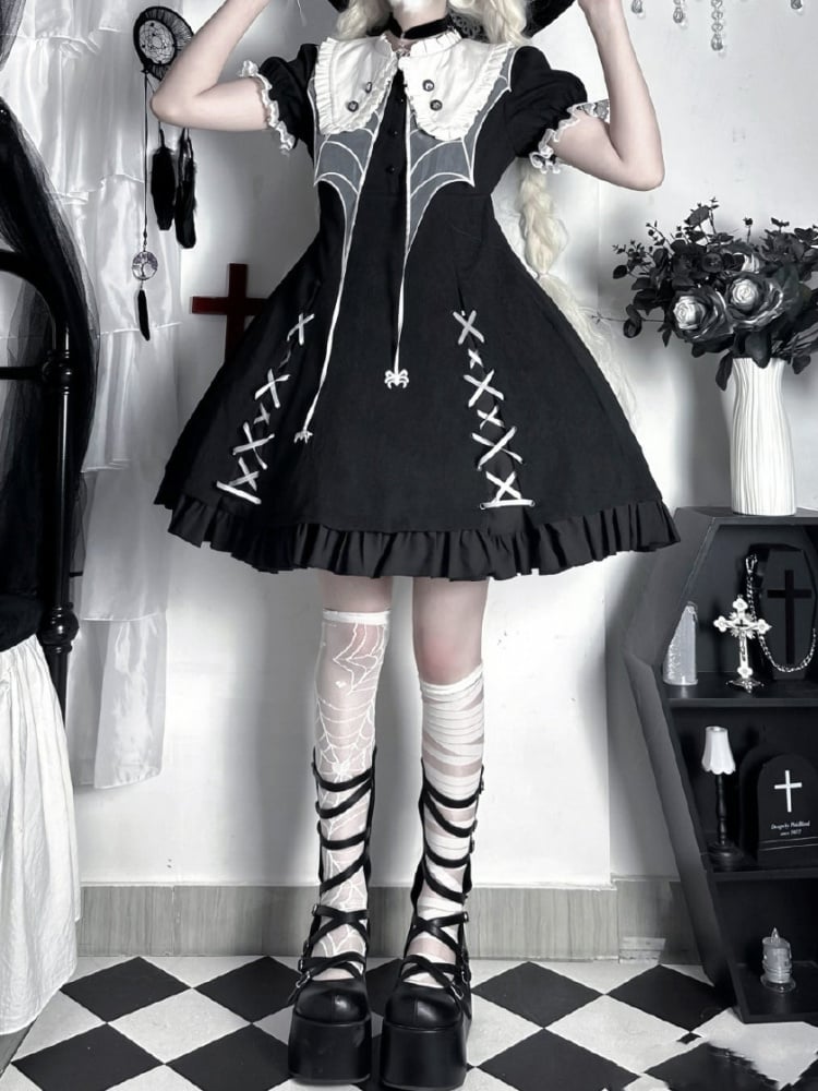 Gothic Spider Web Collar One Piece with Detachable Long Sleeves