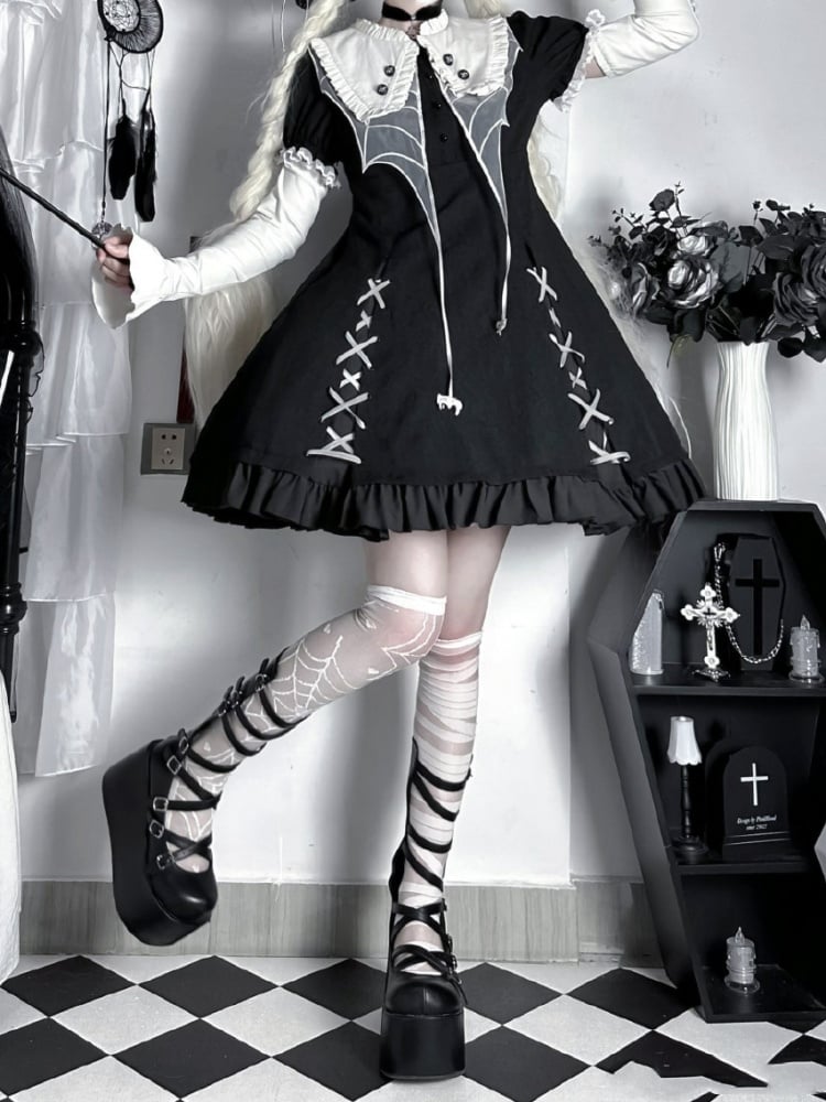 Gothic Spider Web Collar One Piece with Detachable Long Sleeves