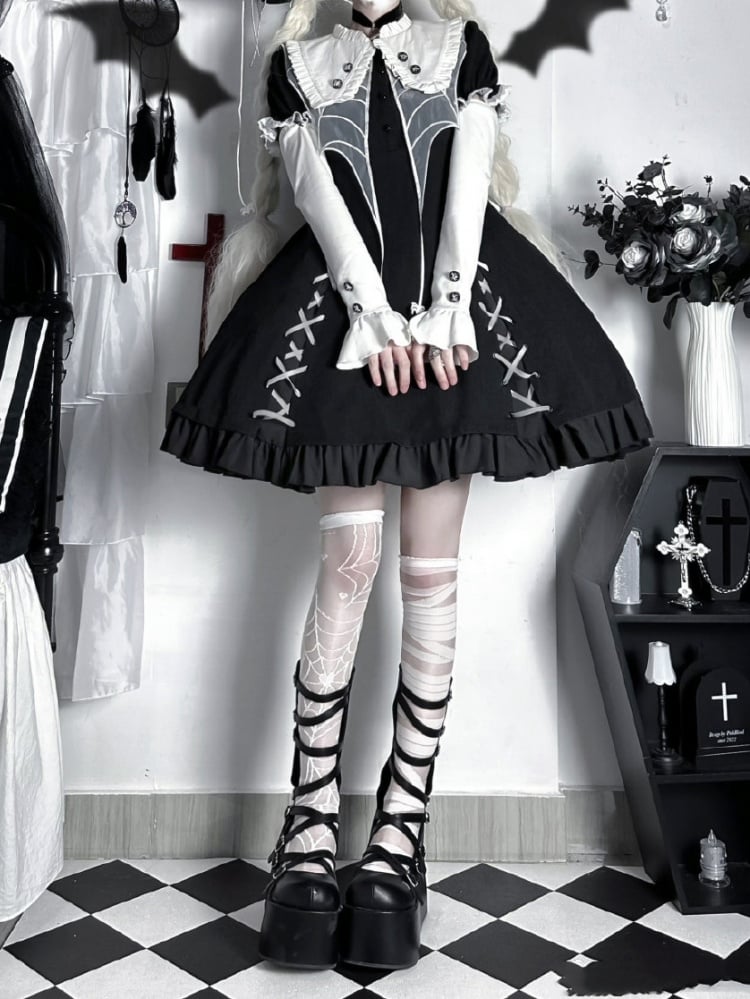 Gothic Spider Web Collar One Piece with Detachable Long Sleeves