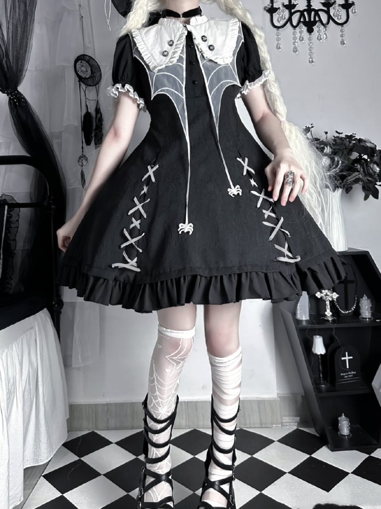 Gothic Spider Web Collar One Piece with Detachable Long Sleeves