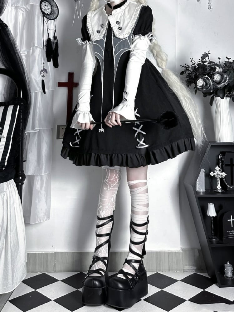 Gothic Spider Web Collar One Piece with Detachable Long Sleeves