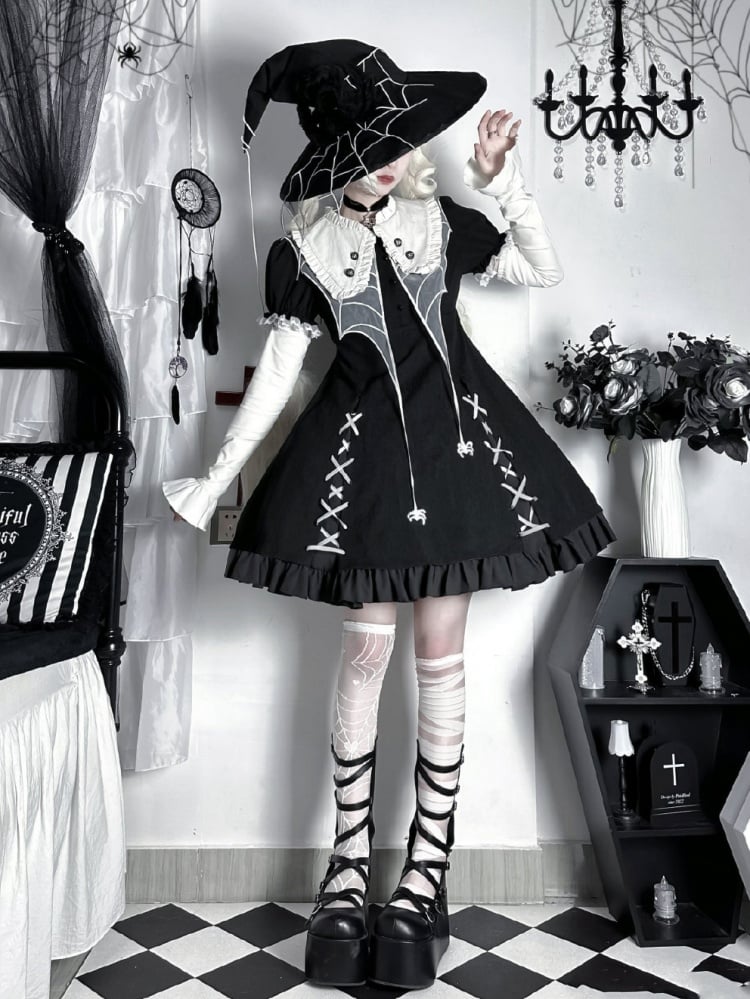 Gothic Spider Web Collar One Piece with Detachable Long Sleeves