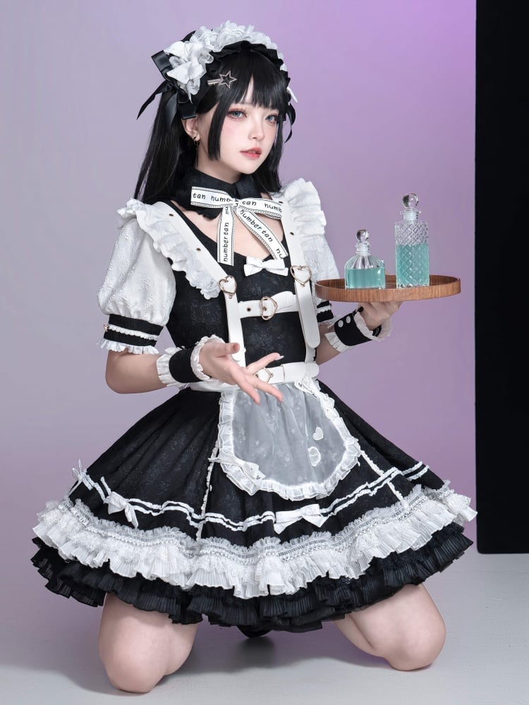 Black and White Punk Maid Dress Short One Piece + White Apron - Sukuroi