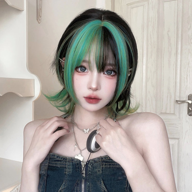 Dip Dyed Blue and Green Highlight Short Synthetic Wig