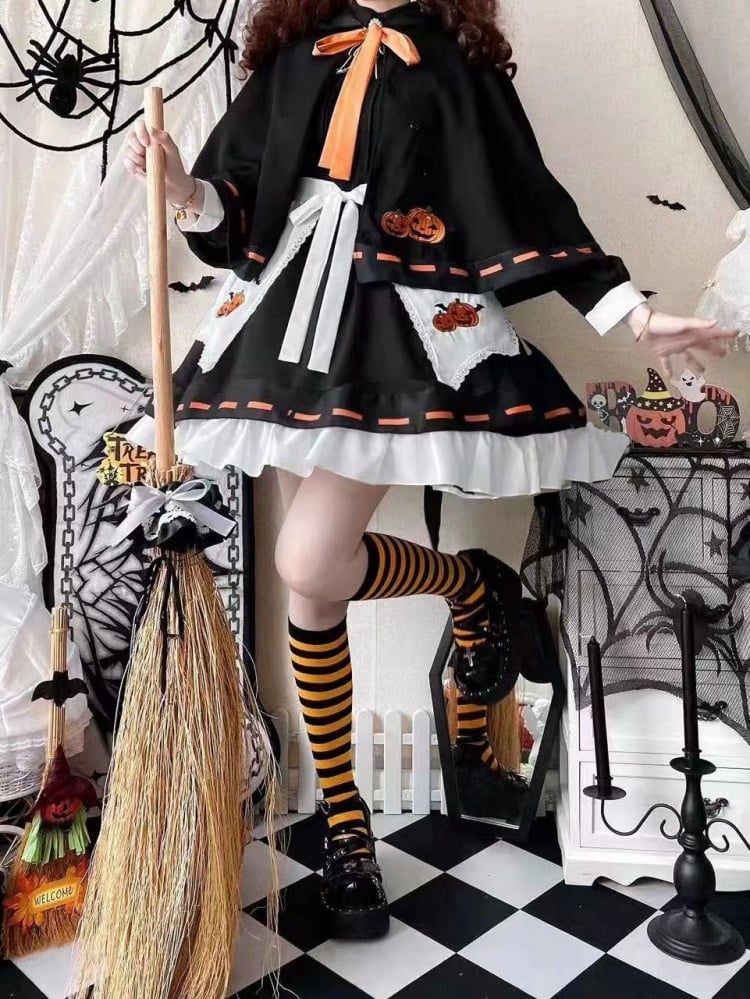 Halloween Sweet Witch Dress Full Set-Black One Piece+Pumpkin Embroidery Cape+White Apron+Bow Train