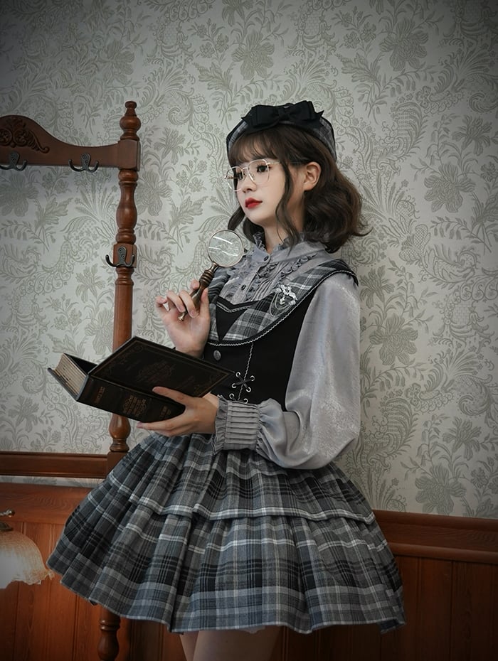 Dark Academia Fashion Little Detective Plaid Dress Black and Gray Jumper Skirt + Cape Set