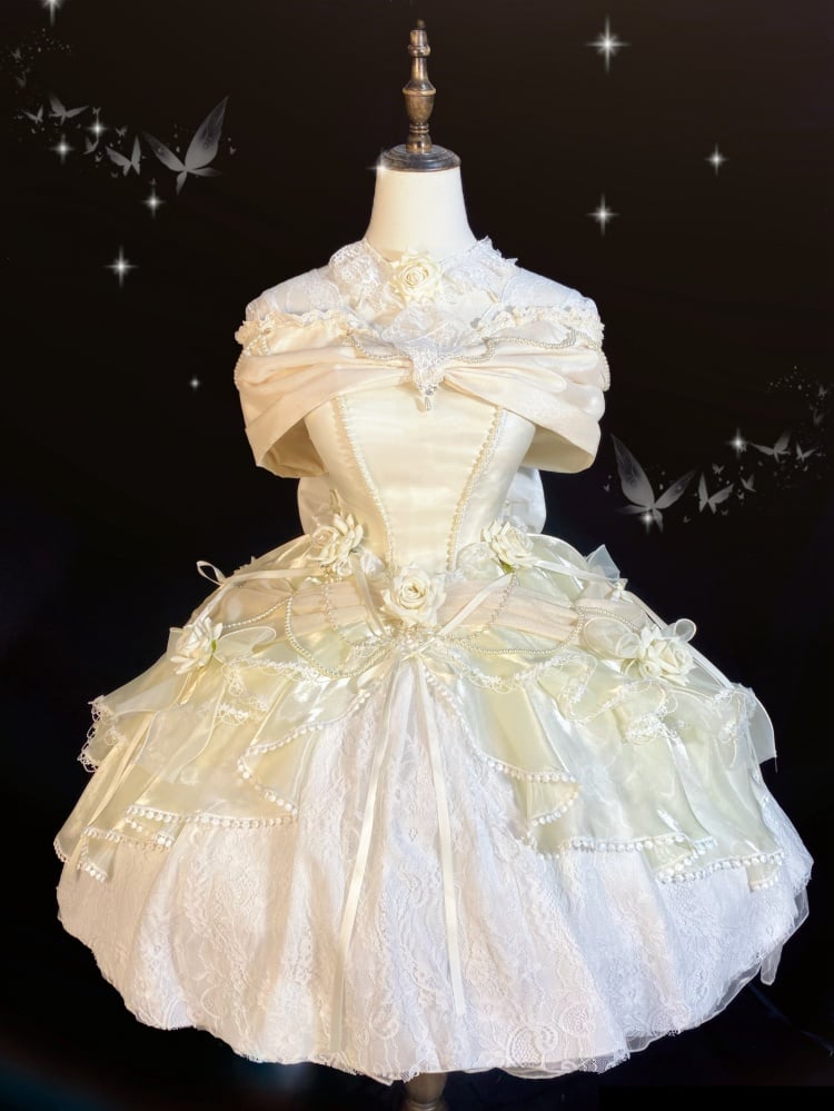 Belle Ivory Princess Dress Roses Knee Length Ball Gown Hanayome Dress