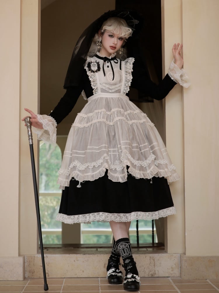 Cross and Candlestick Embroidery Black and White Gothic One Piece - Sukuroi