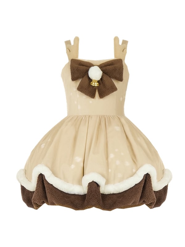 Brown Christmas Reindeer Horns Bubble Jumper Skirt Full Set - Sukuroi