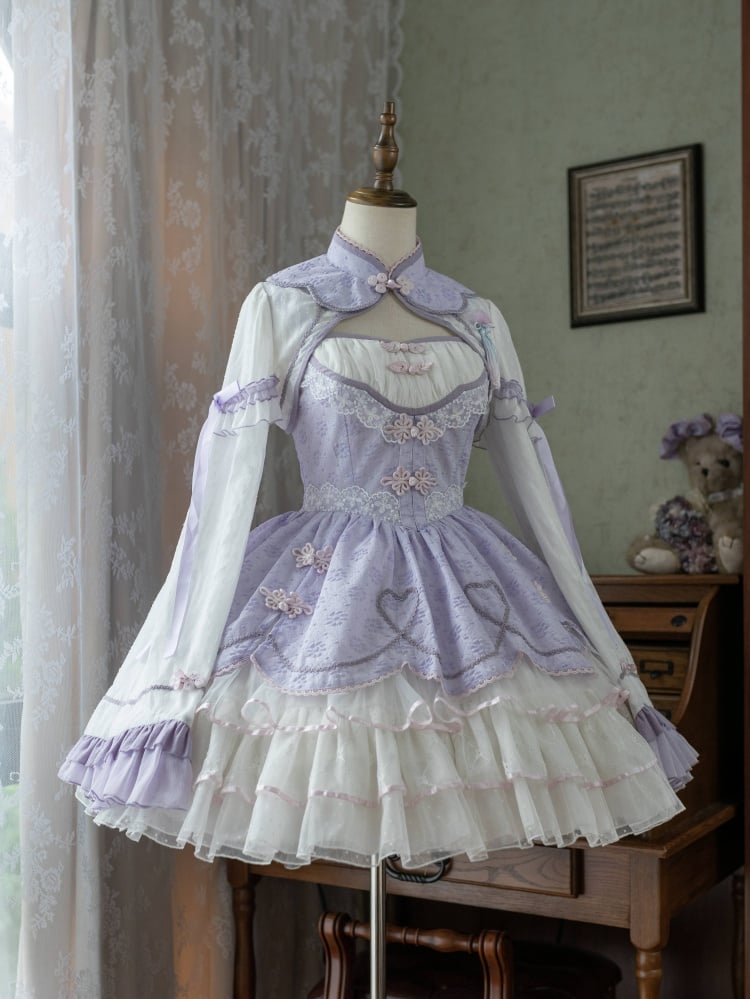 Clearance-Size L for Bust 88-98CM White and Purple Knot Button Jumper Skirt Full Set - Sukuroi