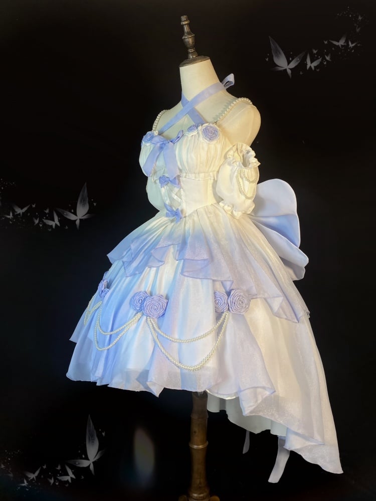 Clearance-Size L for Bust 90-98CM Fairy Blue Princess Dress Prom Rose Details Ombre Jumper Skirt - Sukuroi