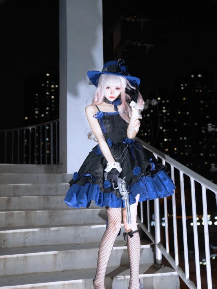 Black and Dark Blue Gothic Rosette Dress Basque Waist Jumper Skirt