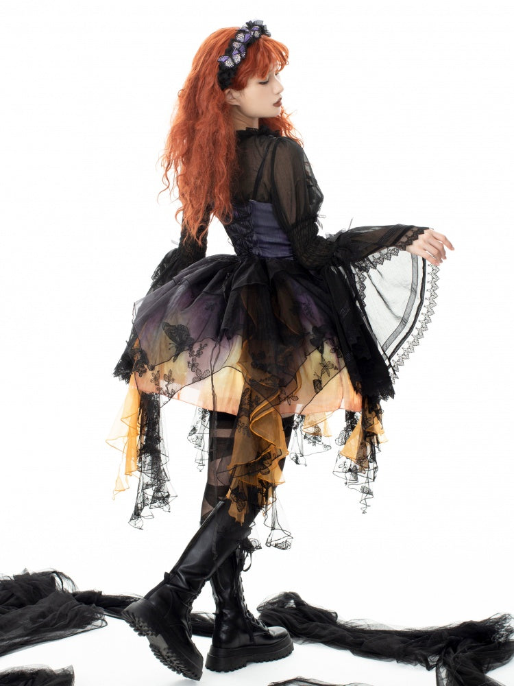 Butterfly Bodice Irregular Layered Hem Gothic Jumper Skirt + Blouse Set