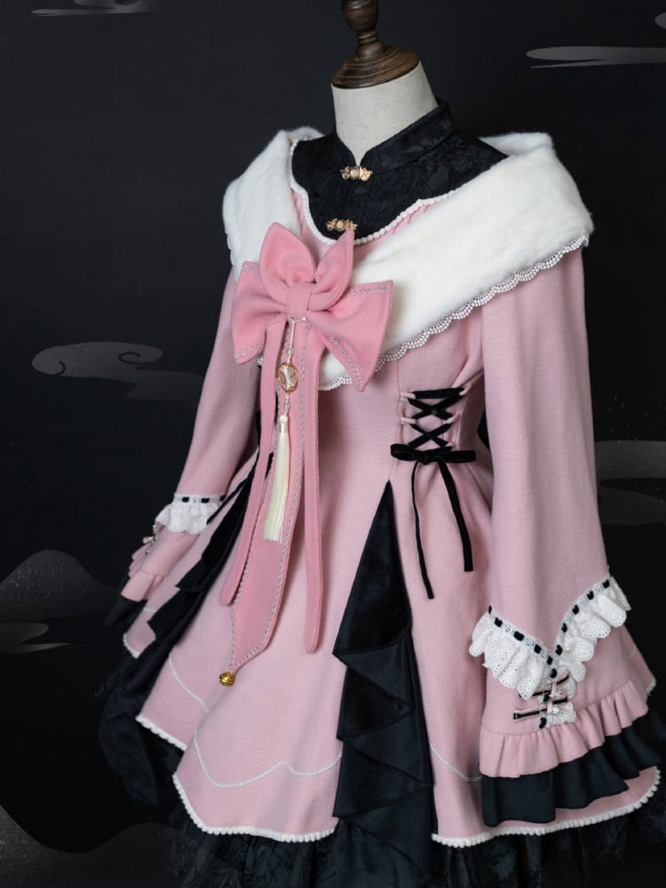 Black and Pink Cheongsam Collar Qi One Piece Lace-up Side Waist