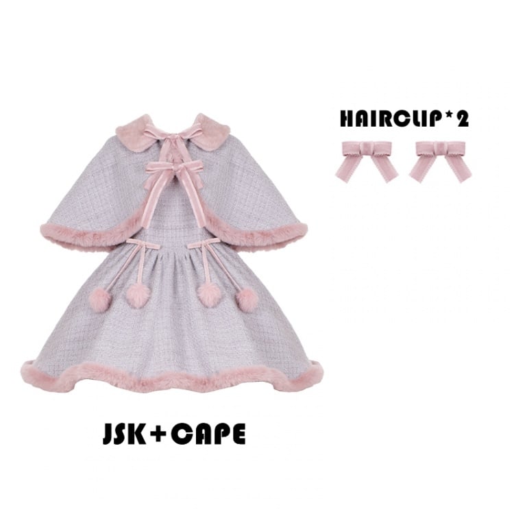 Gray and Pink Plush Hemline Tweed Jumper Skirt + Cape - Sukuroi