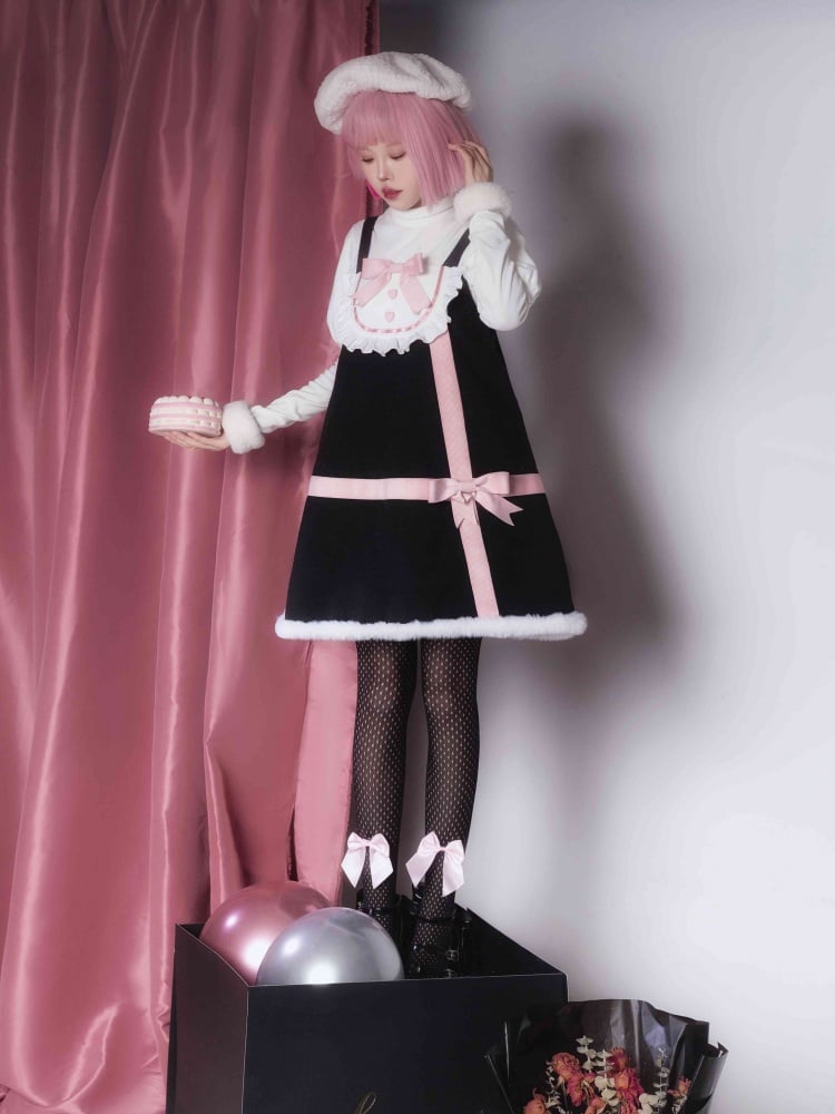 Black and Pink Sweet Bowknot Winter Jumper Skirt Plush Hemline