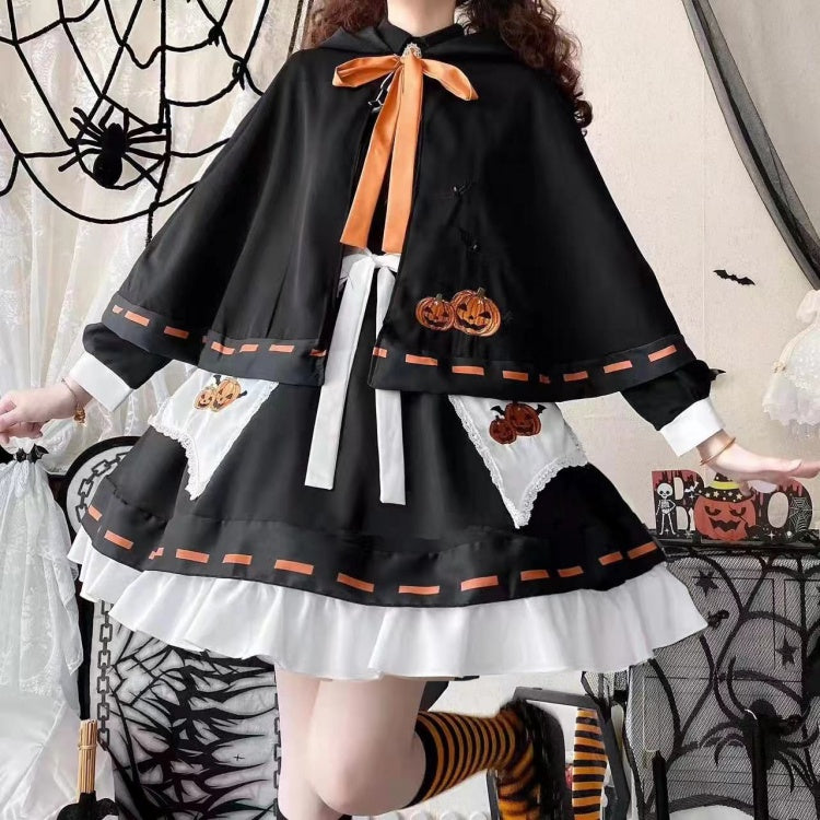 Halloween Sweet Witch Dress Full Set-Black One Piece+Pumpkin Embroidery Cape+White Apron+Bow Train