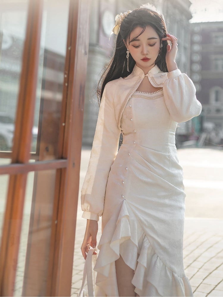 Clearance-White Elegant Qipao Full Set- Floral Pattern Qipao Dress + Cropped Top