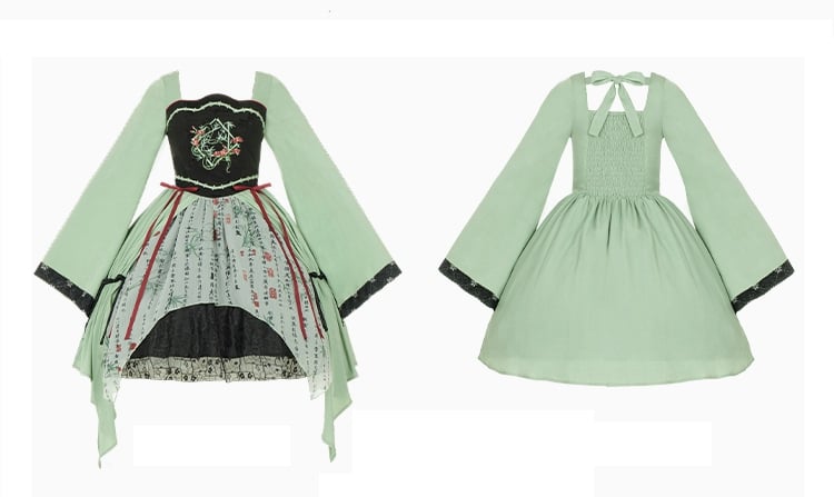 Green and Black Snake and Bamboo Embroidery Bodice Han Lolita Dress