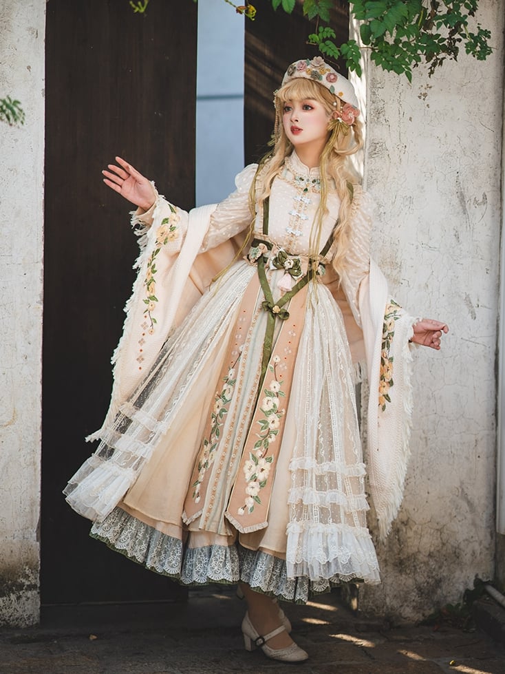 Beige and Green Long Sleeves Lolita Dress OP / Full Set