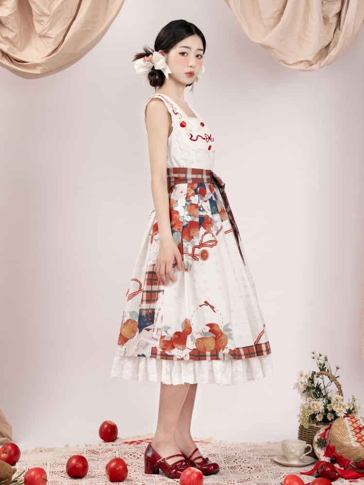 Apple and Floral Embroidery Square Neckline White Jumper Skirt