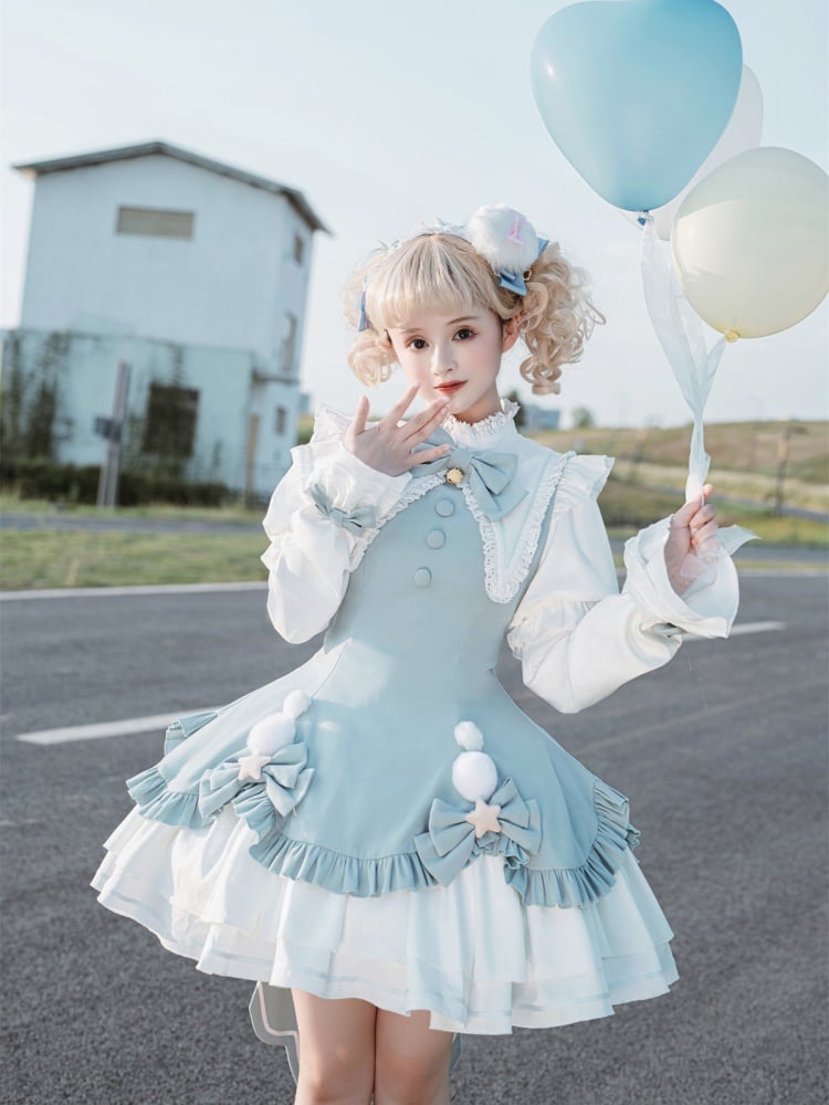 Blue Pointed Collar Pompoms Bowknot Long Sleeves One Piece