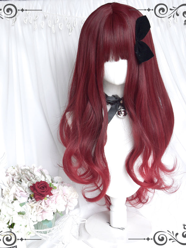 Dark Wine Red Long Wavy Synthetic Wig with Full Bangs