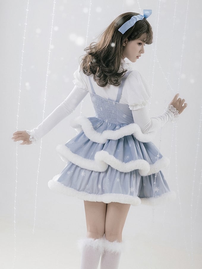 Blue Snowflake Print White Plush Trim Tiered Jumper Skirt - Sukuroi