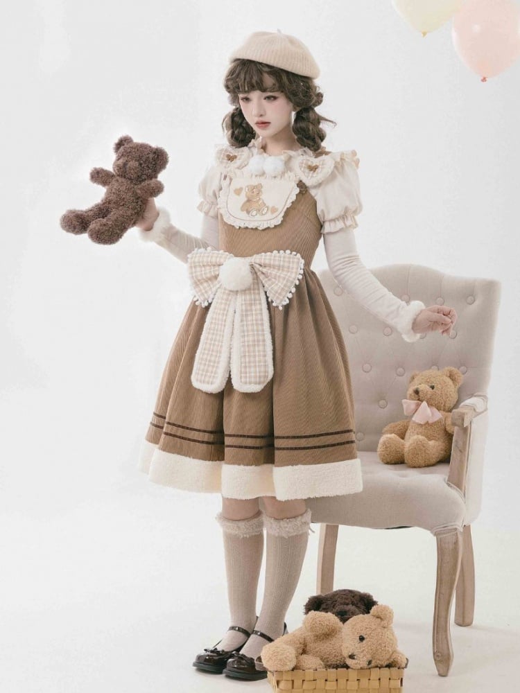 Brown Teddy Embroidery Corduroy Jumper Skirt with Big Plaid Bowknot - Sukuroi