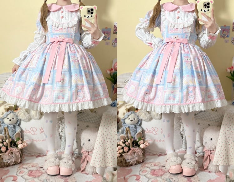 Blue Sweet Teddy and Bunny Print One Piece with Detachable Sleeves