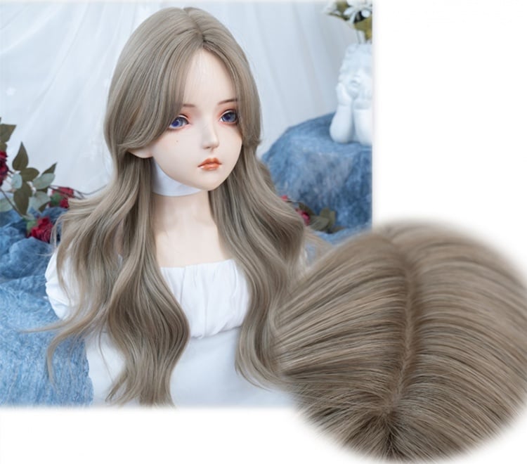 Curtain Bangs Long Wavy Milk Tea Linen Color Synthetic Wig