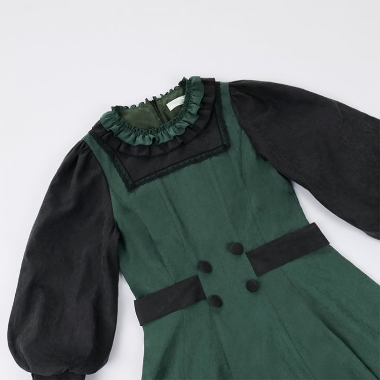 Dark Academia Fashion Slytherin Green and Black Leg-of-Mutton Sleeves One Piece