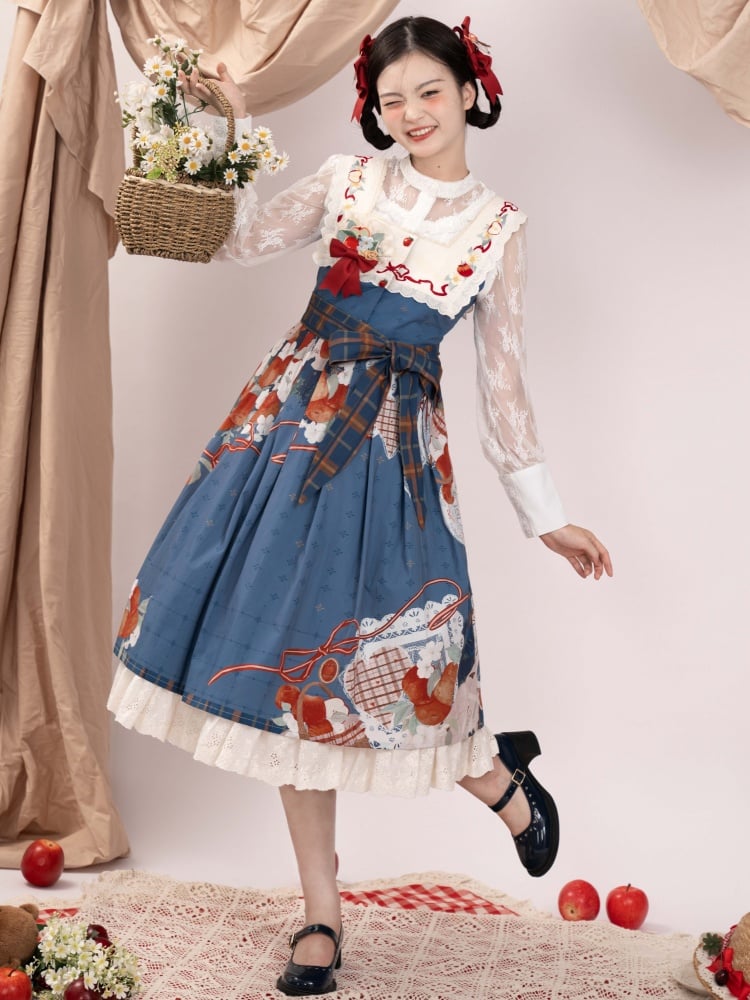 Apple and Floral Embroidery Square Neckline Blue Jumper Skirt