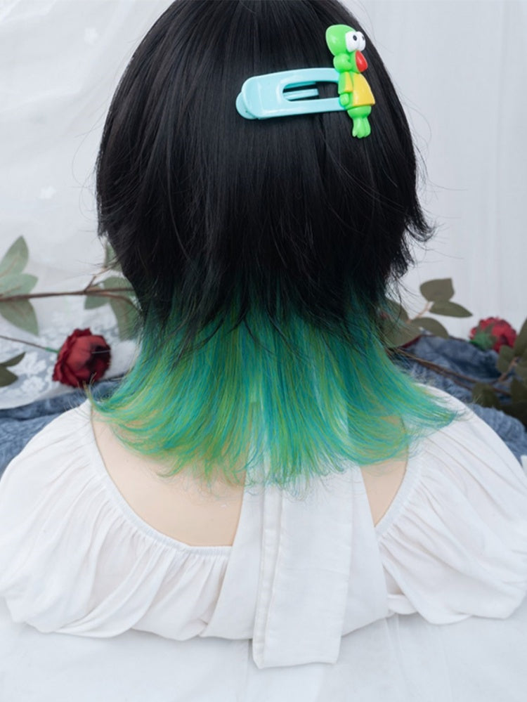 Dip Dyed Blue and Green Highlight Short Synthetic Wig