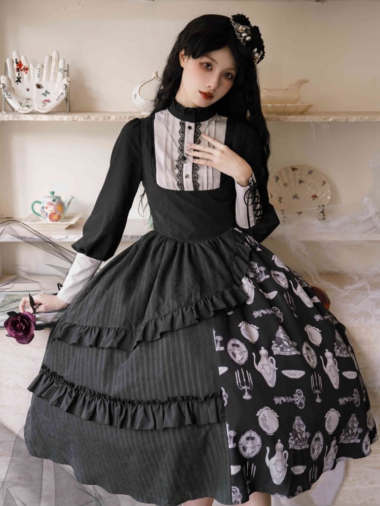 Candlestick and Teapot Print Black Under Bust Jumper Skirt