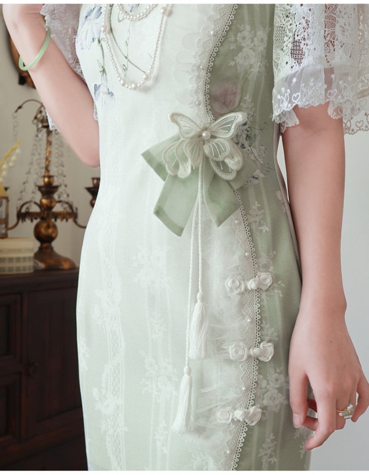 Light Green Figs and Floral Print Elegant Qipao Dress