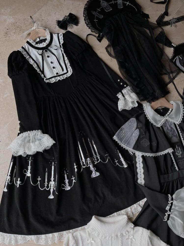 Cross and Candlestick Embroidery Black and White Gothic One Piece - Sukuroi